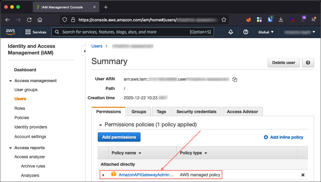 Locating an AWS IAM User with the AmazonAPIGatewayAdministrator Role