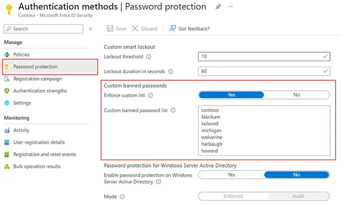 Screenshot of Microsoft authentication methods for Entra password protection