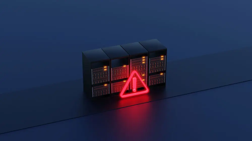 A row of servers with a red neon alert icon in front of them concept of data ciphering