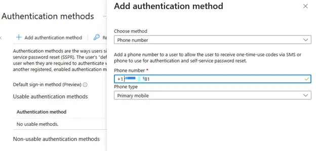 Screenshot of how to select Microsoft Authentication methods