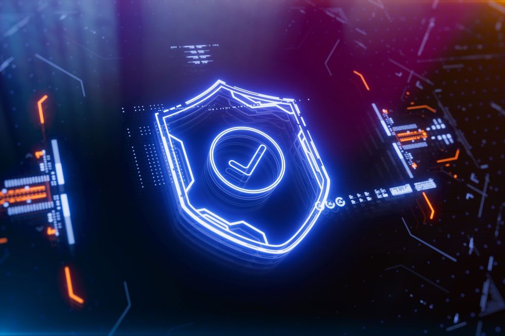 Blue neon shield with check mark in the center