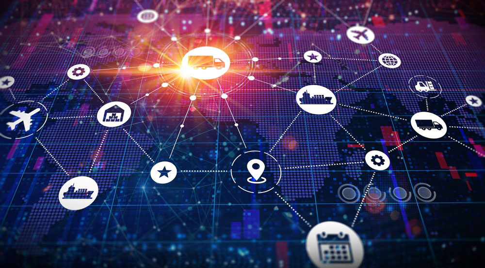 Icons connected by lines illustrating supply chain concept